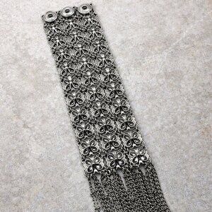 Wide Silver Tone Boho Statement Bracelet with Chain Fringe